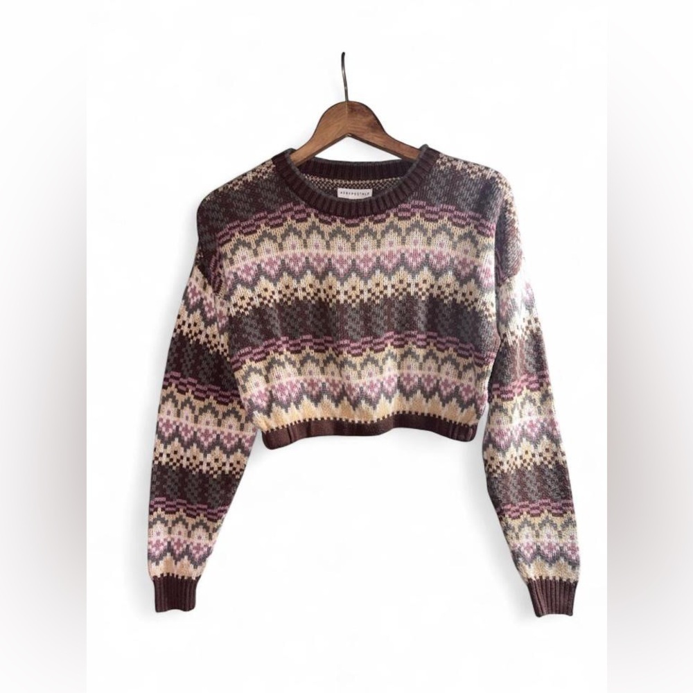 Aeropostale Cropped Sweater Geometric Fair Isle Brown Tan Grey Mauve Pink XS